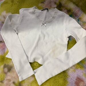 Brandy Melville White Long Sleeve Top with Bow Detail
